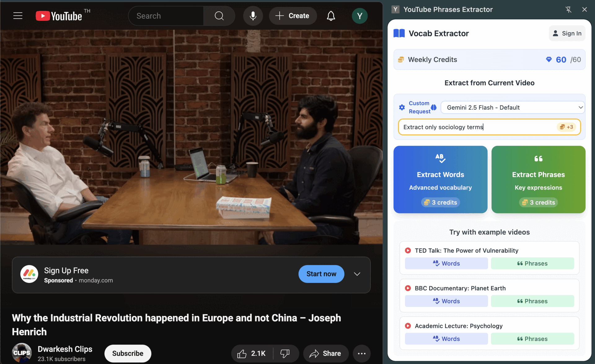browser extension mockup showing youtube video with vocabulary extraction interface, purple theme, modern UI