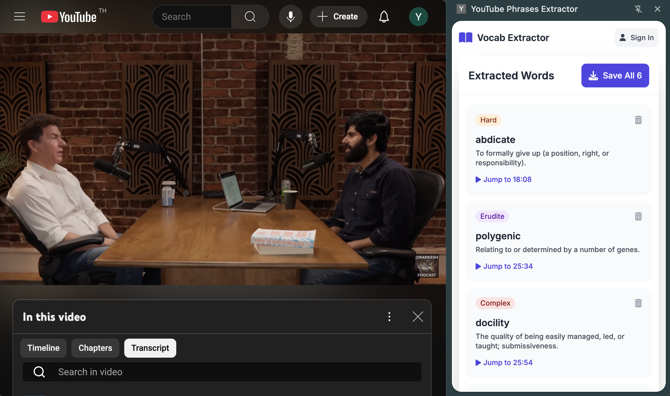 browser extension mockup showing youtube video with vocabulary extraction interface, purple theme, modern UI